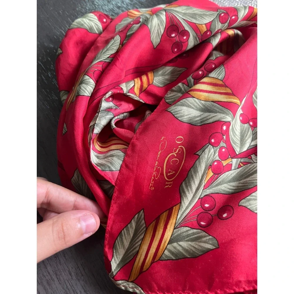 Oscar de la Renta Silk Scarf Red Cherry Botanical Print Square Hand Rolled Edge